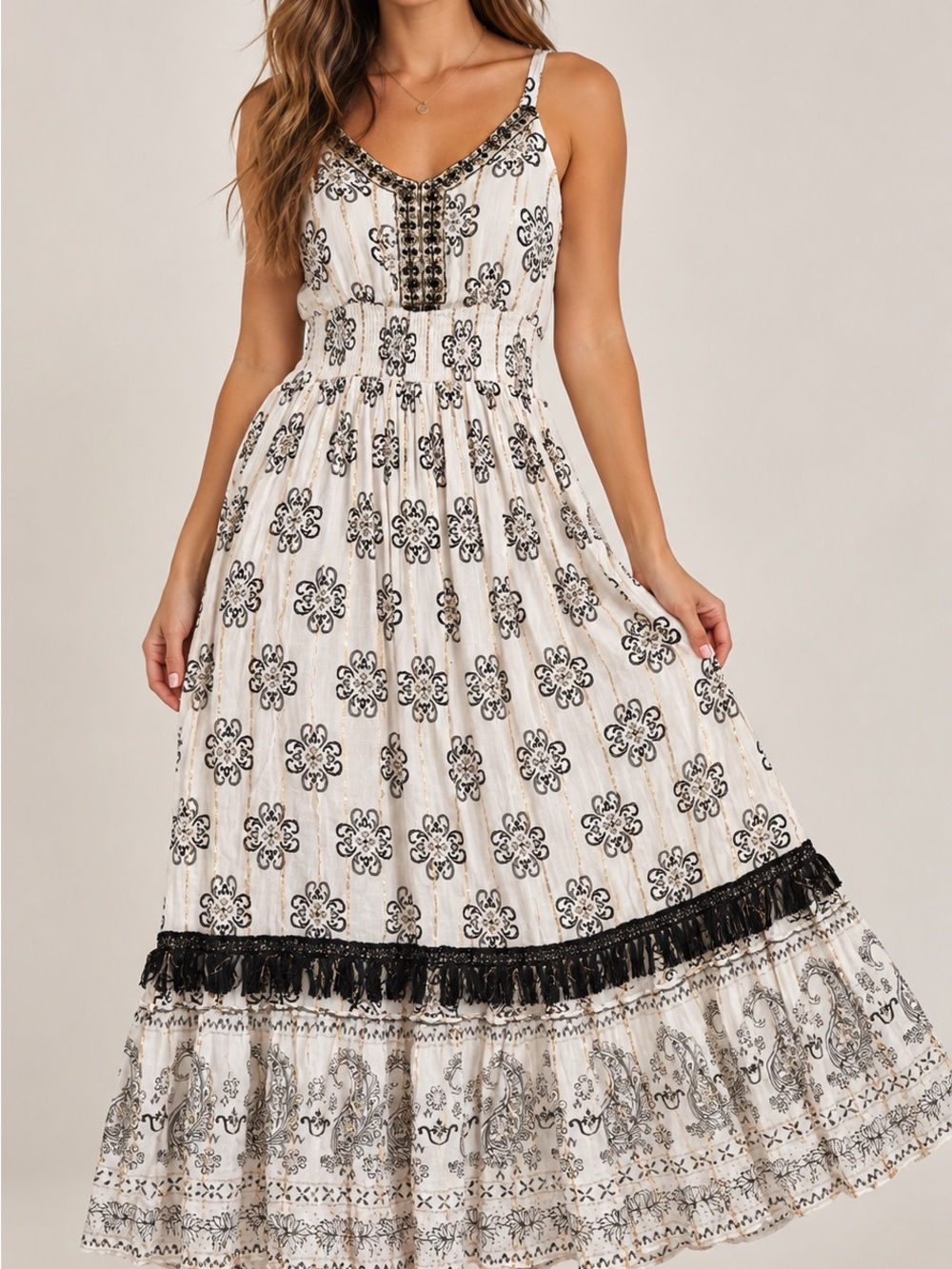 Me 2 Magic Boho Maxi Dress S – Ivory Black Gold Metallic Smocked Tassel Tiered